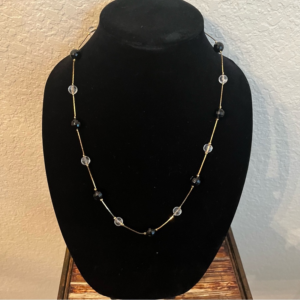Trifari Vintage Gold Tone Black and Clear Beaded Necklace